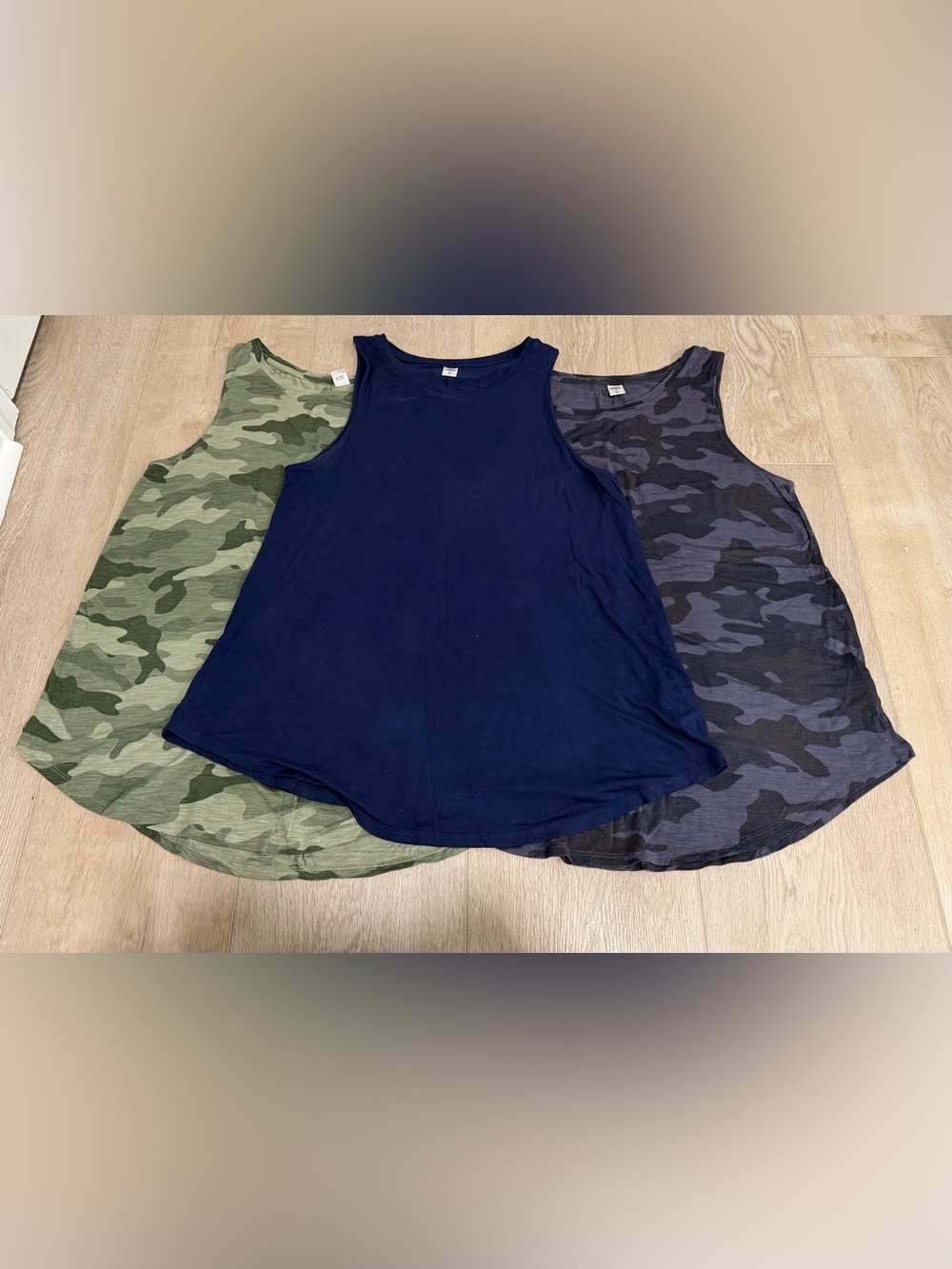 Old Navy Luxe Tank - Bundle of 3, green camo, solid navy, gray camo - sz M